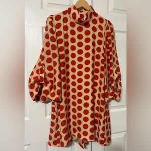 BURU Women’s Orange Polka Dot Mini Dress Wide Sleeves Mock Neck Pockets Size XS